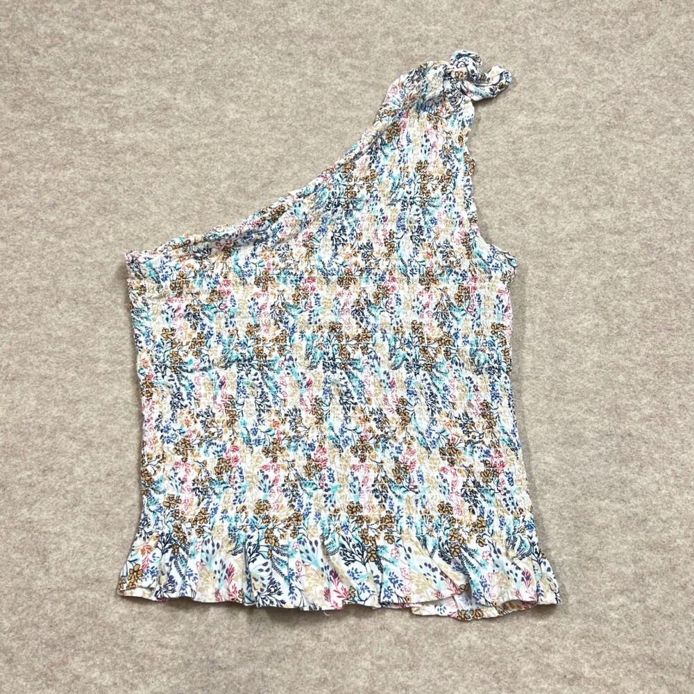 Japna Womens Floral Smocked One Shoulder Top XL Multi Color Ruffle Hem Rayon EUC
